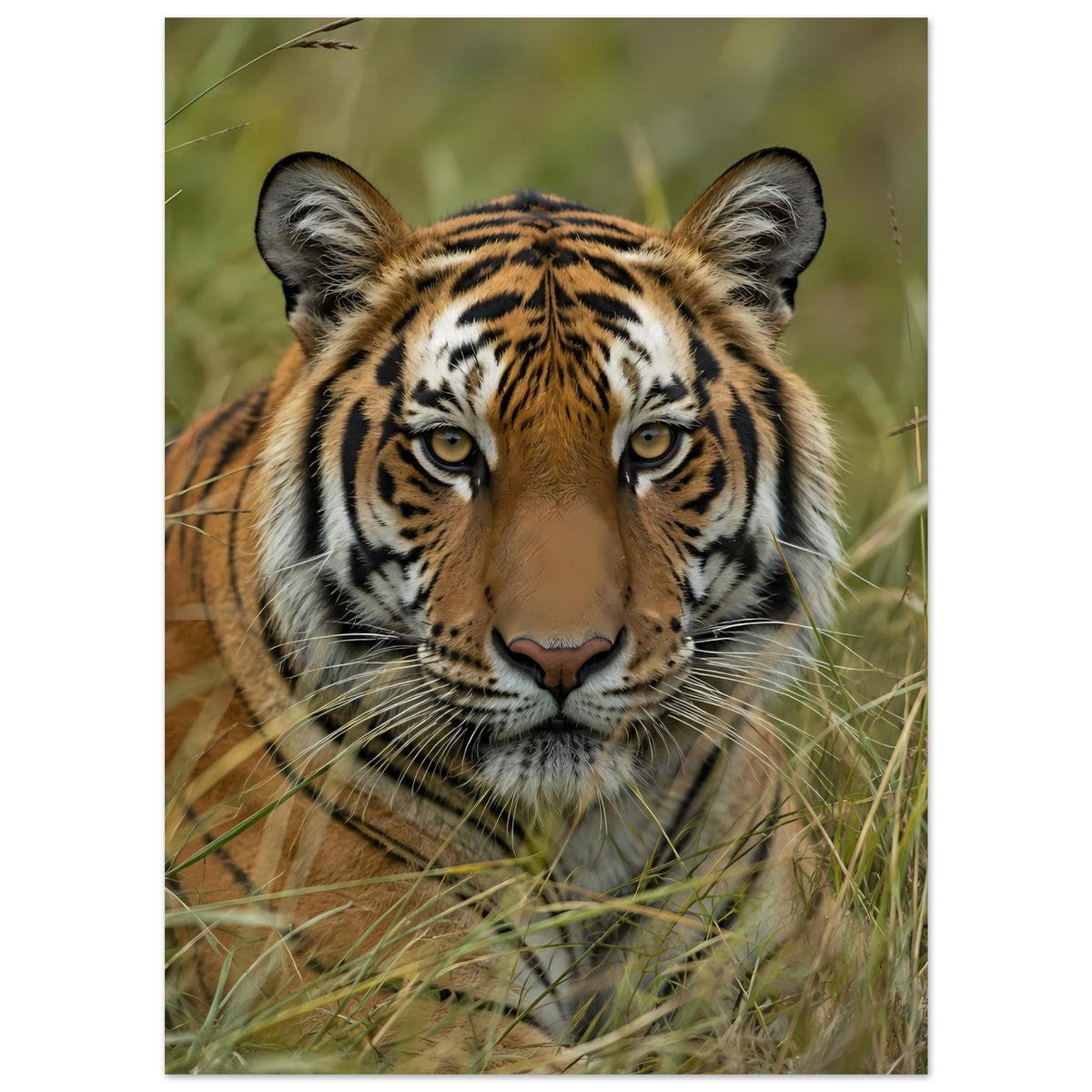 Wildtierposter eines Tigers im Gras, zentriertes Gesicht, markante Streifen und Augen