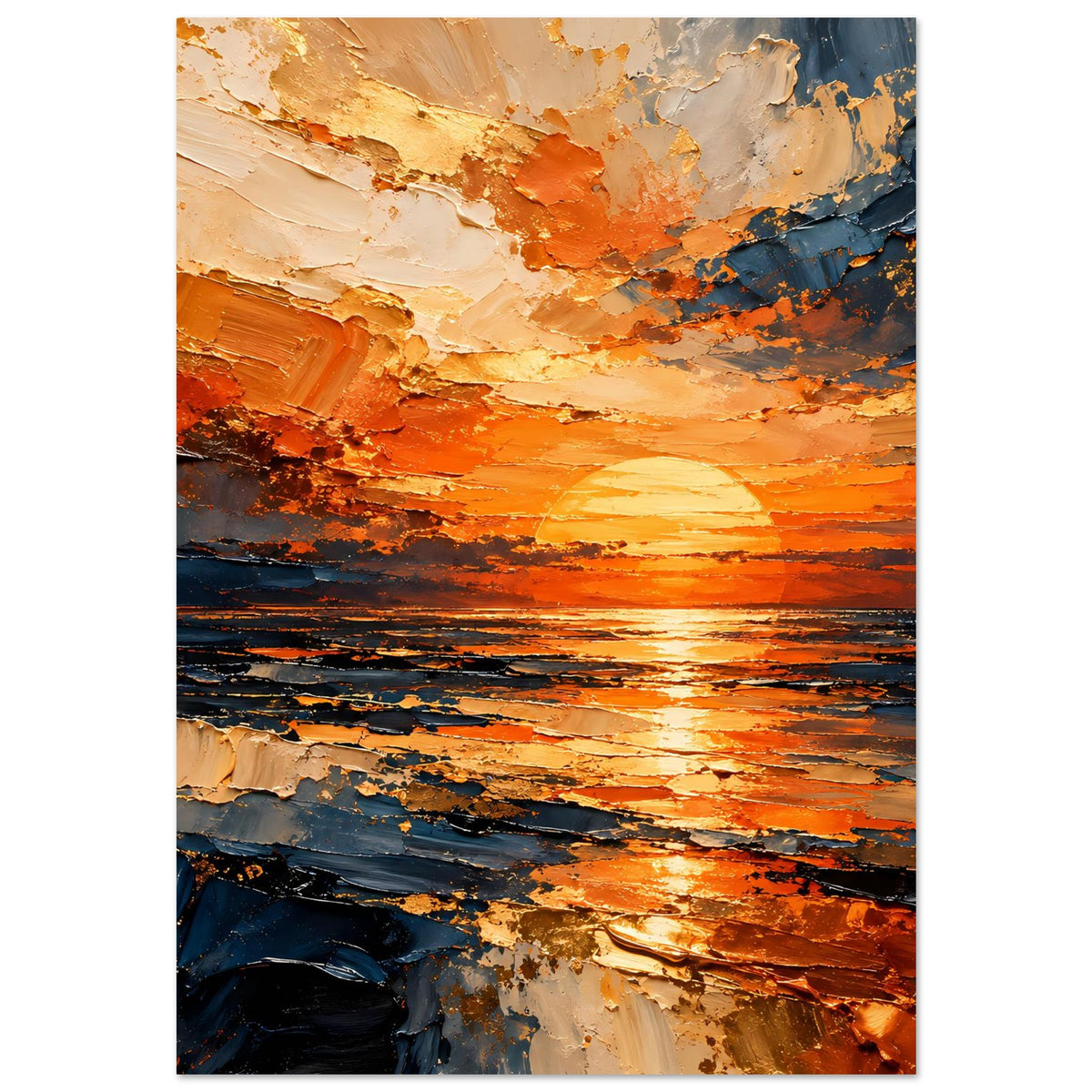 Abstraktes Sonnenuntergangs-Meer-Poster mit texturierten orange-blauen Pinselstrichen, vertikal