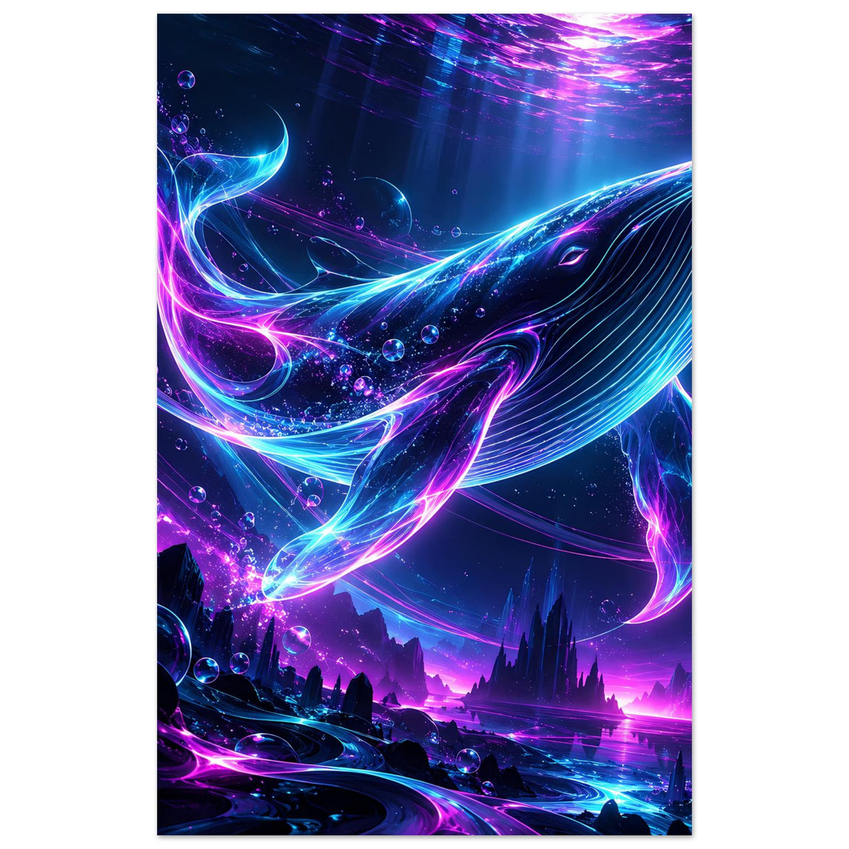 Neon-Wal Poster im Hochformat, Wal-Grafik mit leuchtenden Farbverläufen
