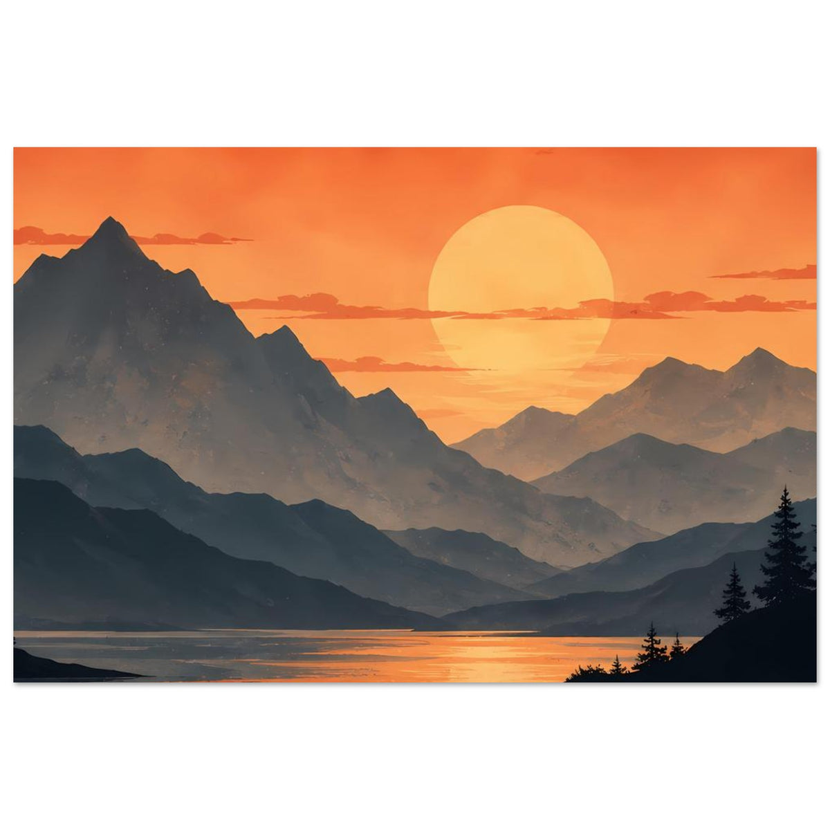 Poster im Querformat: orangefarbener Sonnenuntergang, Berge in Dunkelgrau, See