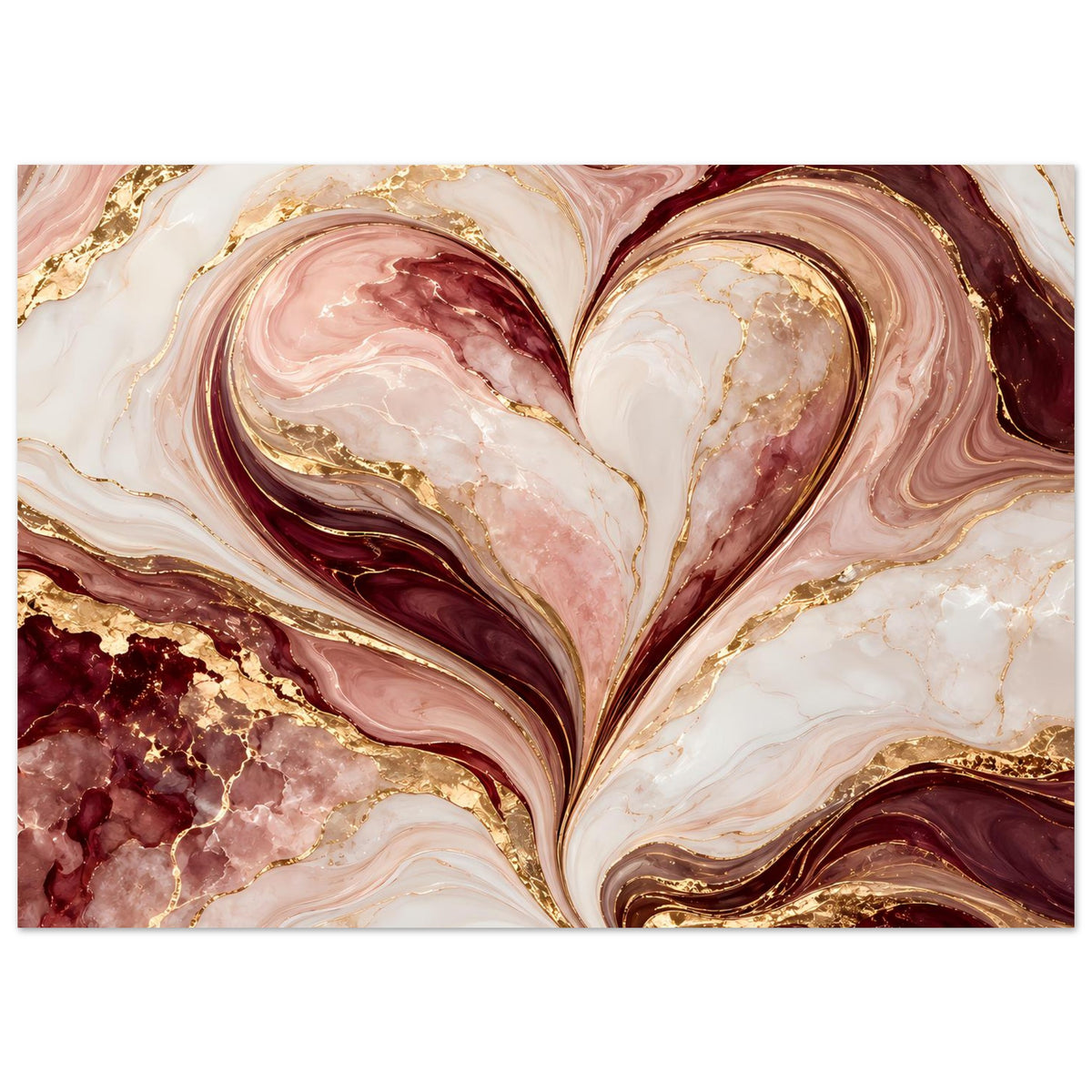 Horizontales Herz-Marmor-Poster in Rosé, Burgund und Gold