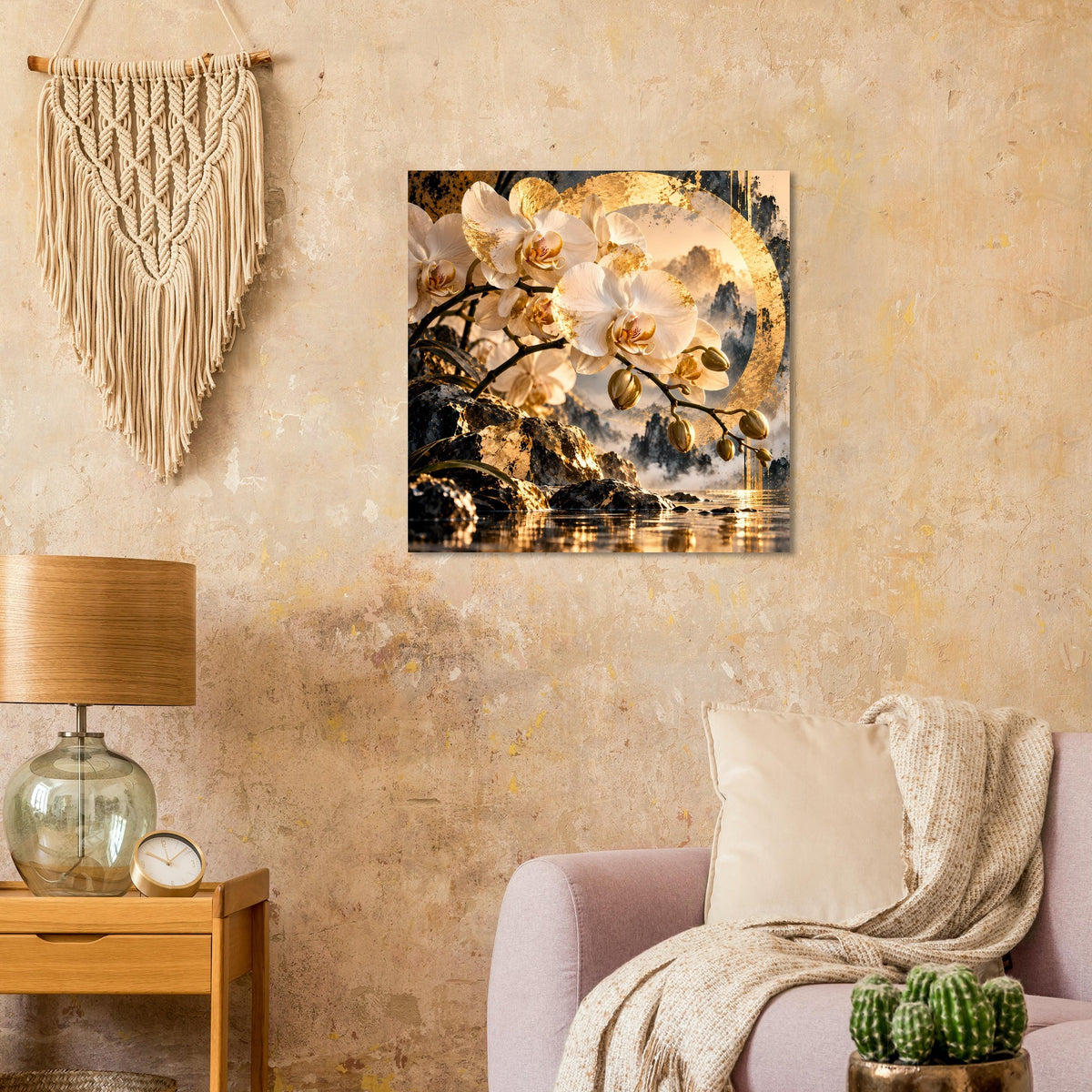 Wandposter mit weißen Orchideenblüten und goldenen Verzierungen über dunkler Seelandschaft