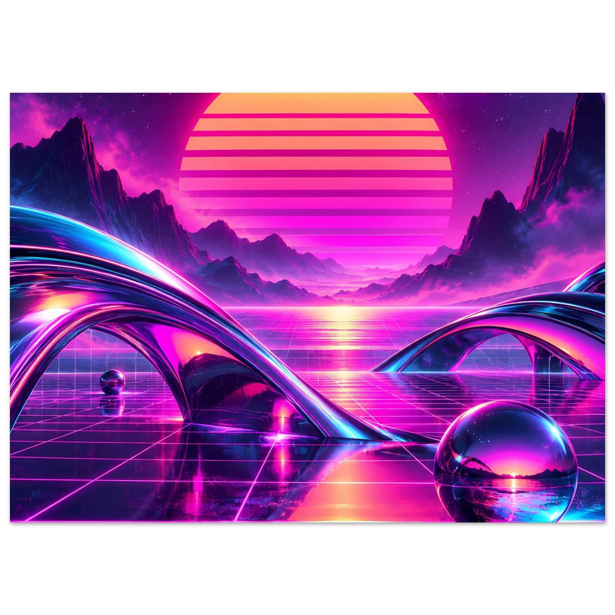 Neon-Science-Fiction-Poster mit retro Sonnenuntergang, Kreis-Sonne, gebogenen Neonrampen und Grid