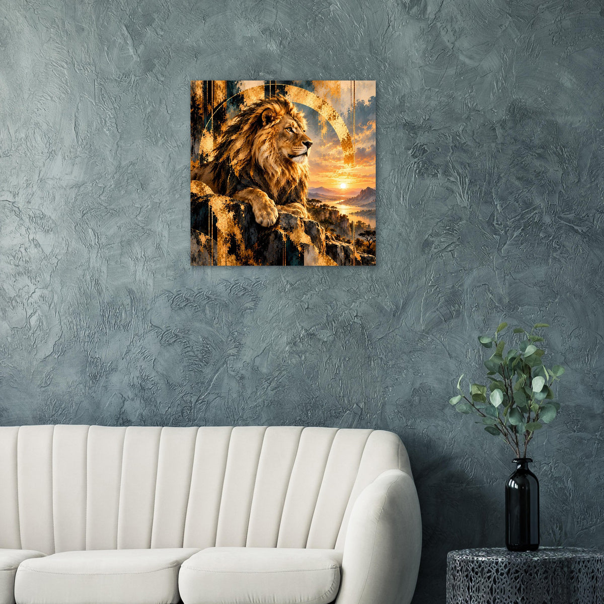 Wandposter mit Löwenprofil und Sonnenuntergang über Landschaft, goldener Lichtring