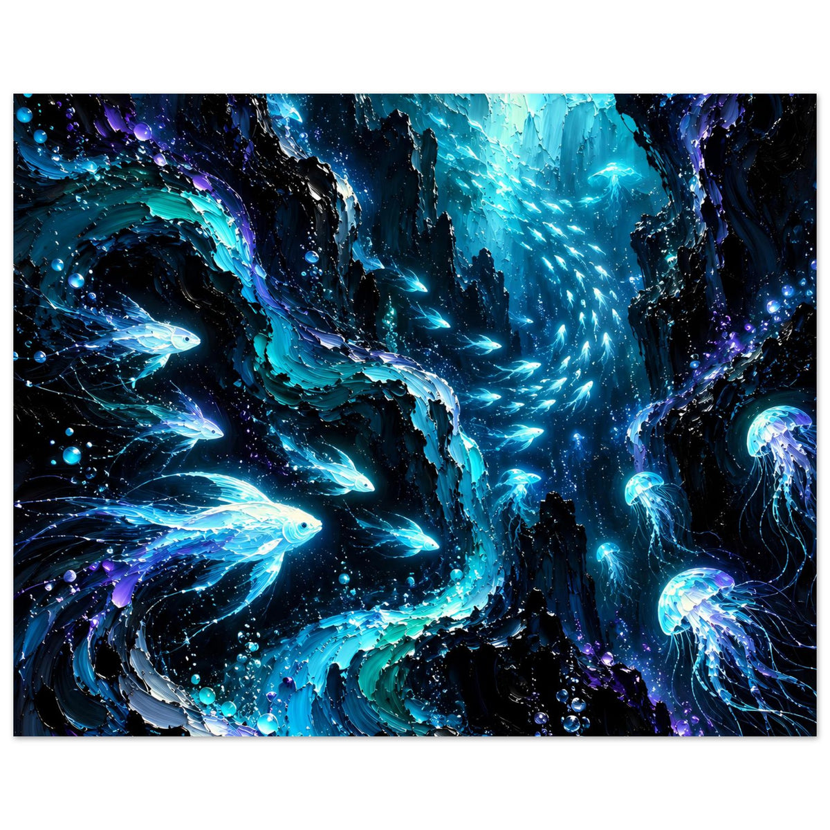 Horizontales Unterwasser-Poster mit leuchtenden Quallen, blauen Fischen und funkelnden Blasen