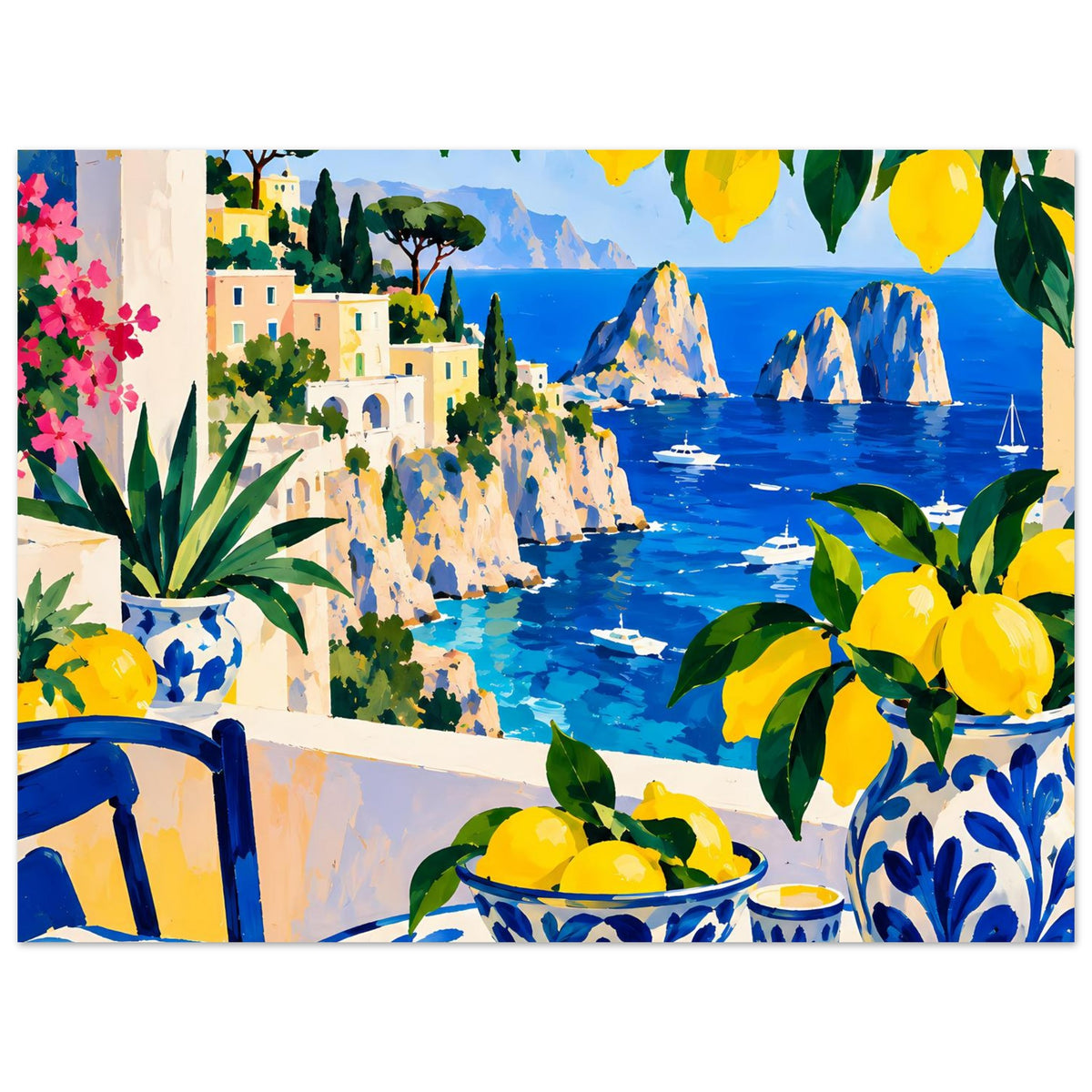 Kunstdruck Poster mit Balkonblick: Zitronenschale, blaues Wasser, Felseninsel und Boote