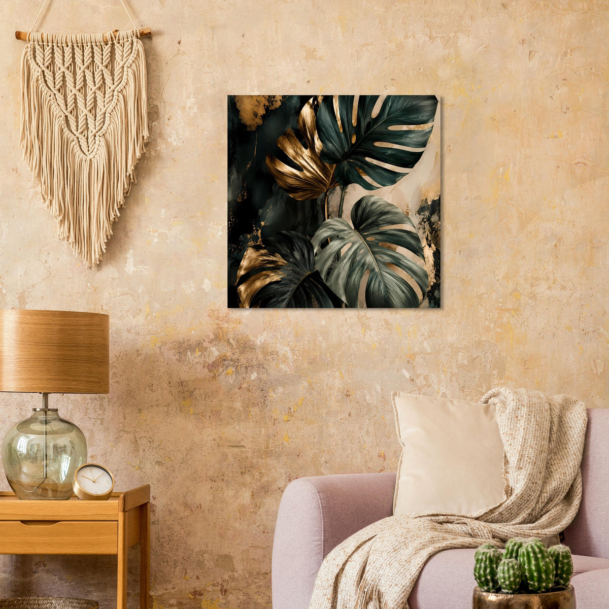 Wandposter mit dunkelgrünen Monstera-Blättern und goldenen Akzenten