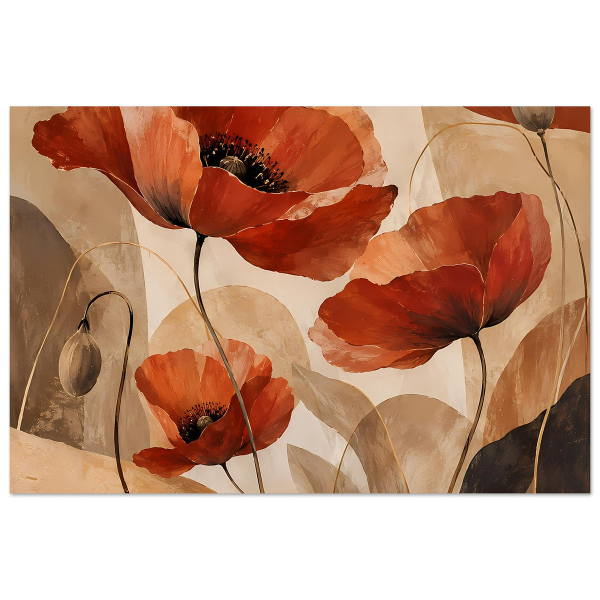 Botanisches Poster mit roten Mohnblumen und Stielen, Querformat, gerahmt, komplett sichtbar