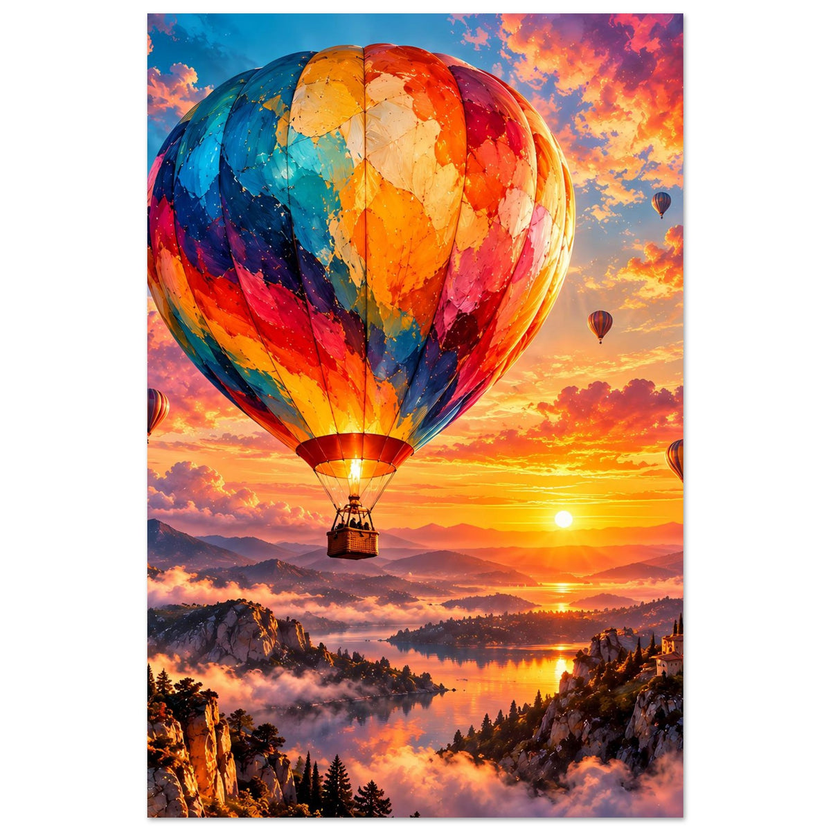 Wandposter Heißluftballon mit bunten Segmenten vor untergehender Sonne über Bergen