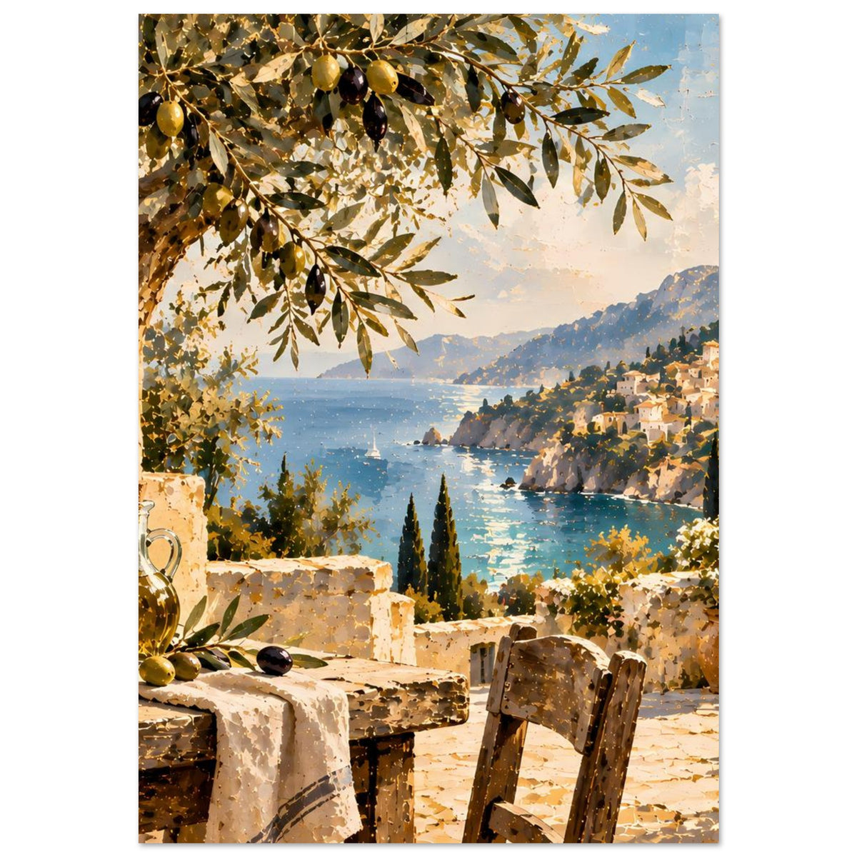 Poster zeigt mediterranes Hafenmotiv: Olivenzweig, Meer mit Boot, Berge und Steinterrasse