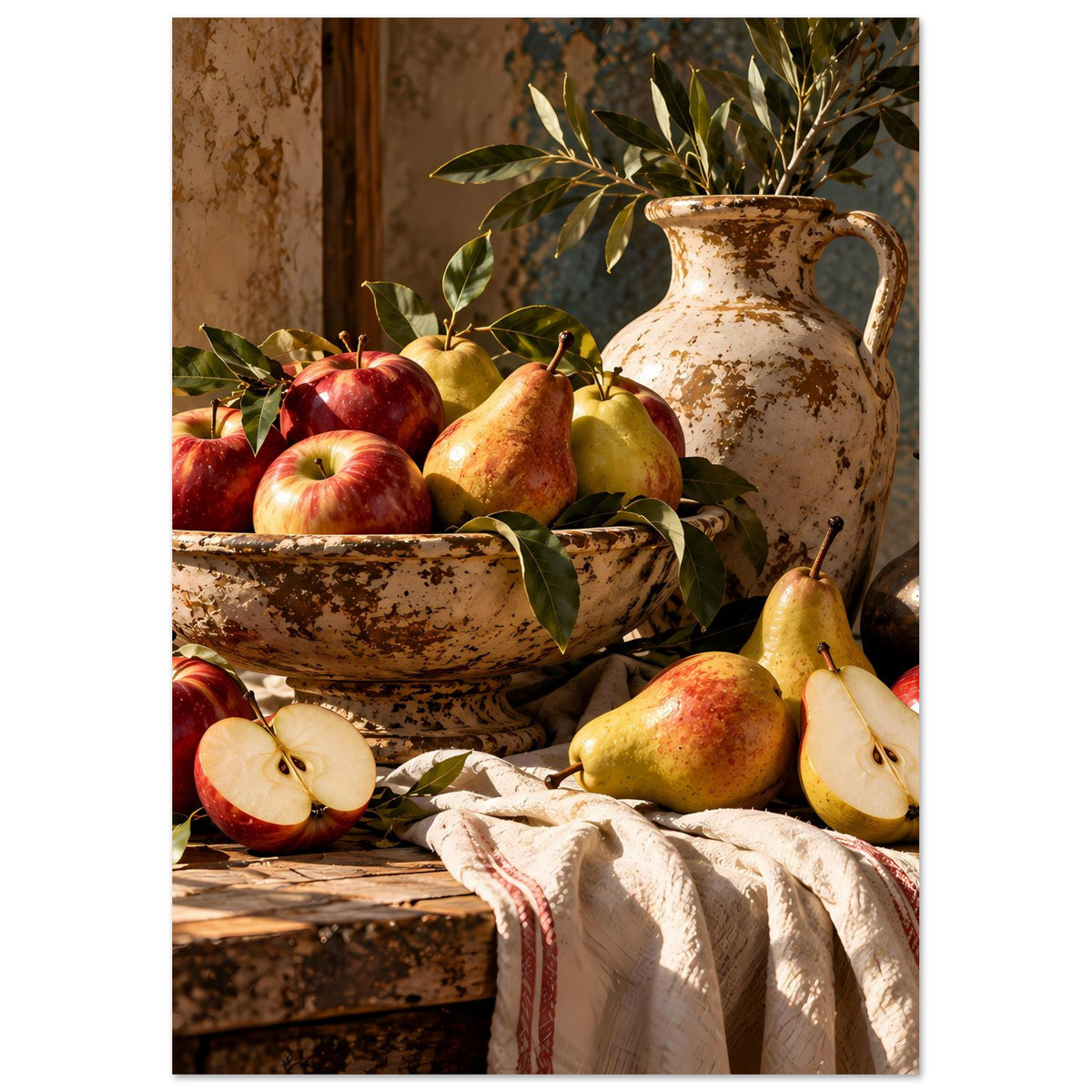 Herbstliches Stillleben-Poster mit Schüssel voller Früchte, Krug, Blattgrün und gefaltetem Tuch.