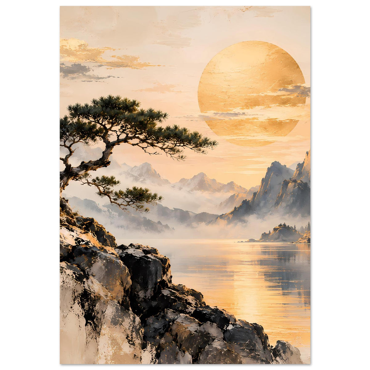 Landschaftsposter: Baumkrone links, goldene Sonne im Himmel, Berge, Wasser und Nebel