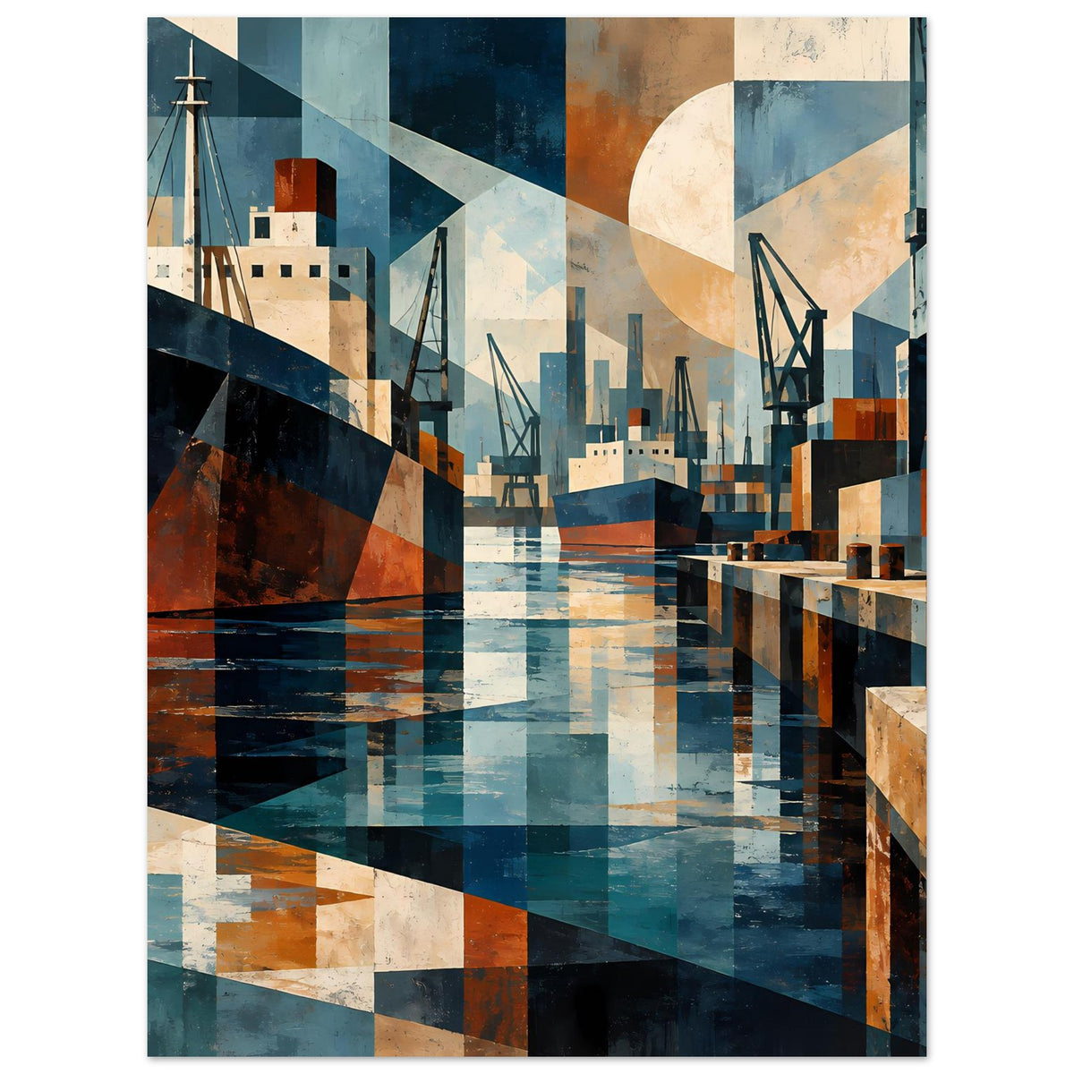Geometrisches Hafenposter mit Hafenbecken, Docks und Kranen in Blau-Braun-Gemustern