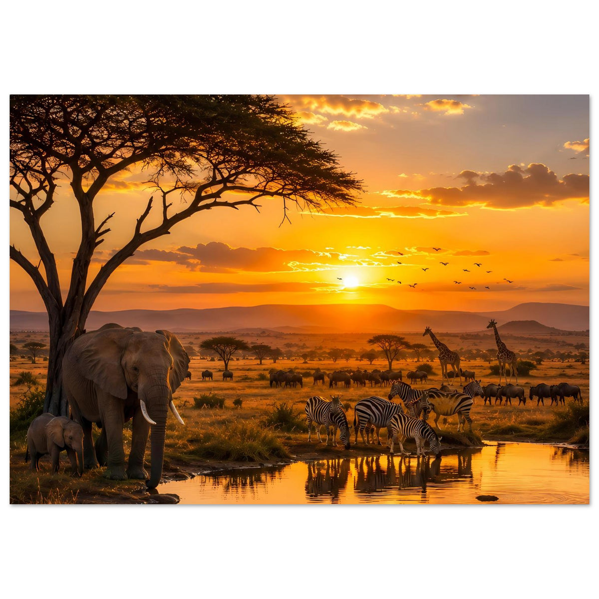Savannen-Poster mit Elefanten am Ufer, Zebras an der Wasserstelle und Giraffen rechts