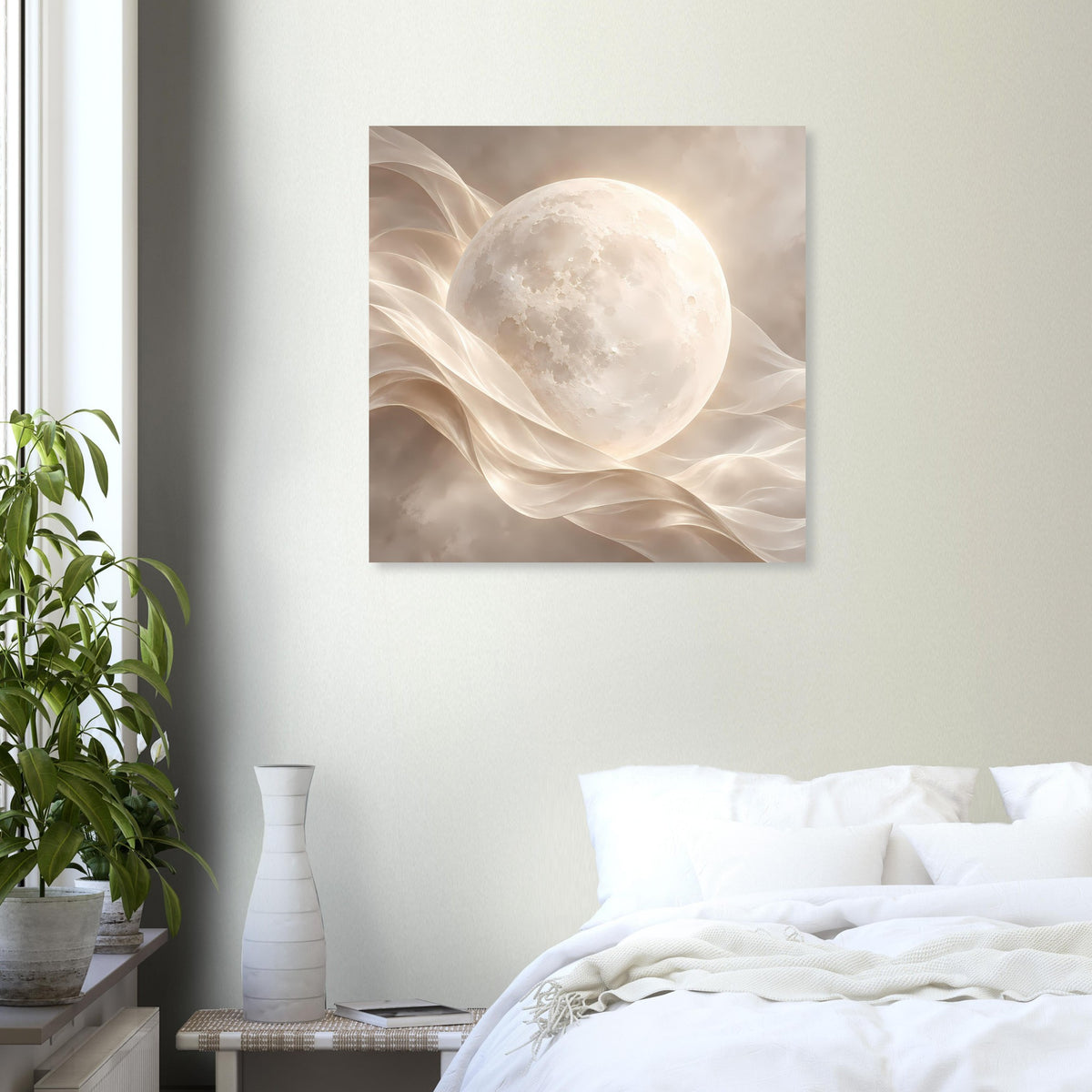 Quadratischer Mond-Poster mit hellen Stoffwirbeln im sanften Beige-Grau