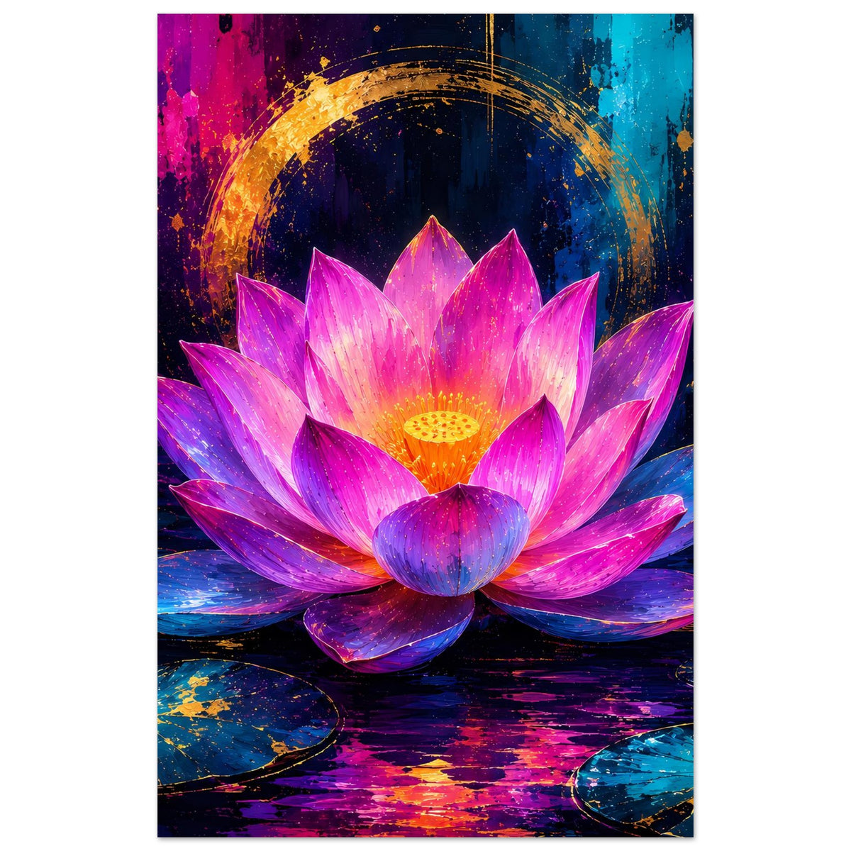 Blumenposter (vertikal) mit leuchtender Lotusblüte in Rosa/Violett und goldfarbenen Akzenten