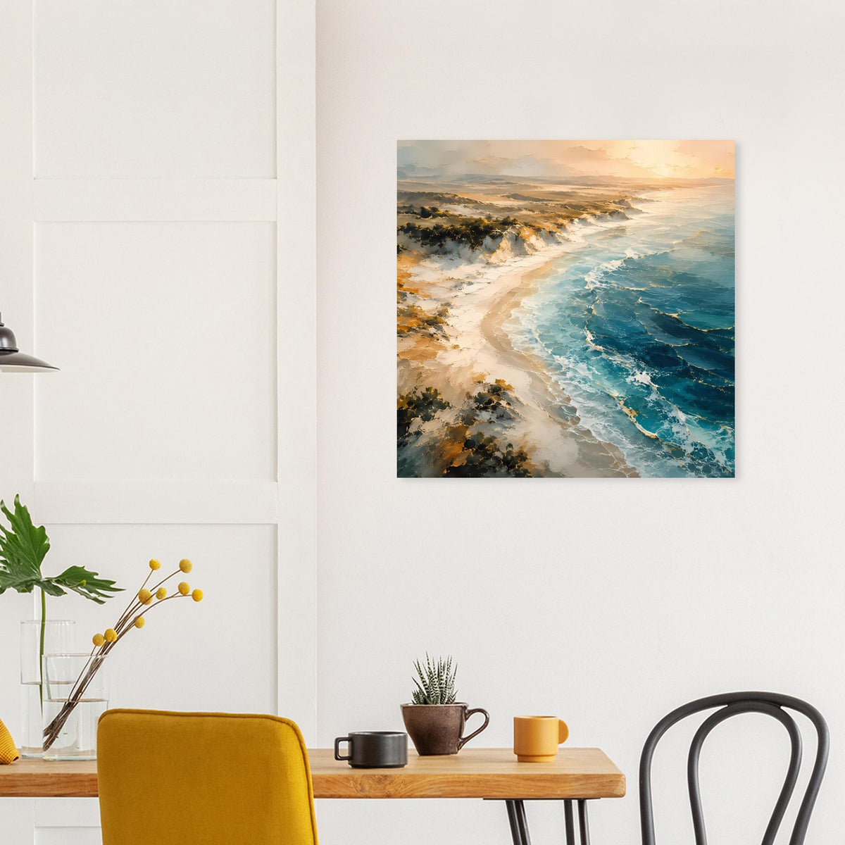 Meerstrand-Poster mit Sandpfad am Meer und türkisblauen Brandungswellen