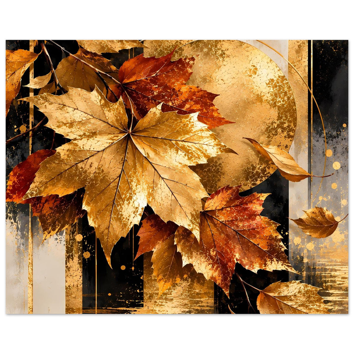 Herbstposter im Querformat mit goldenen Ahornblättern, abstrakter Sonne und Blattglanz