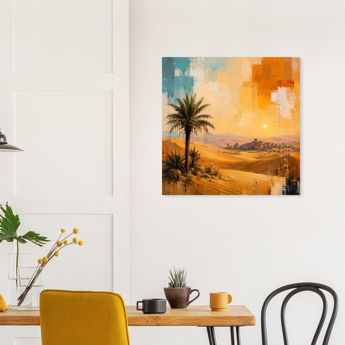Wandposter mit Palme und Siedlung in der Ferne, Sonnenuntergang über den Sanddünen