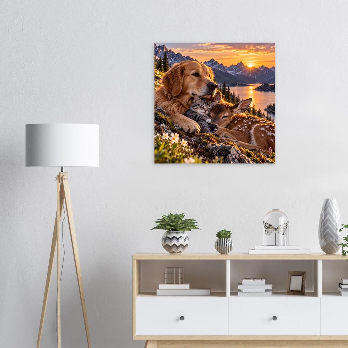 Tiermotiv-Poster mit Hund und Katze im Sonnenuntergang, quadratisches Bild
