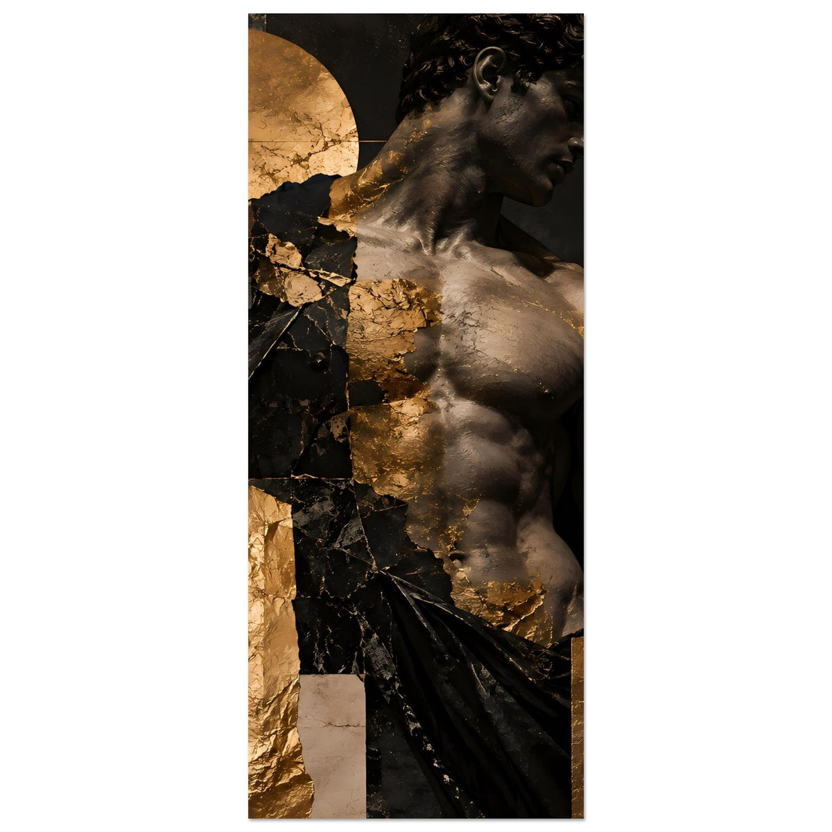 Kunstposter-Ausschnitt: antike Skulptur im Profil, Schwarz und Gold, goldene Bruchflächen