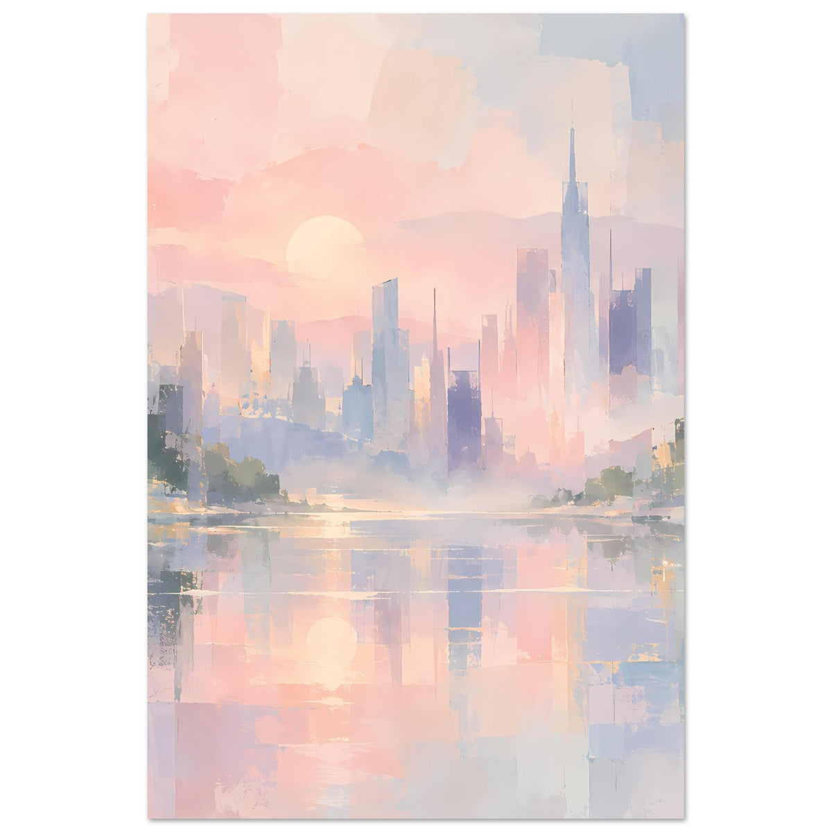 Abstraktes Stadtposter in Pastelltönen mit Skyline, Sonnenball und Wasserreflexen, hoch