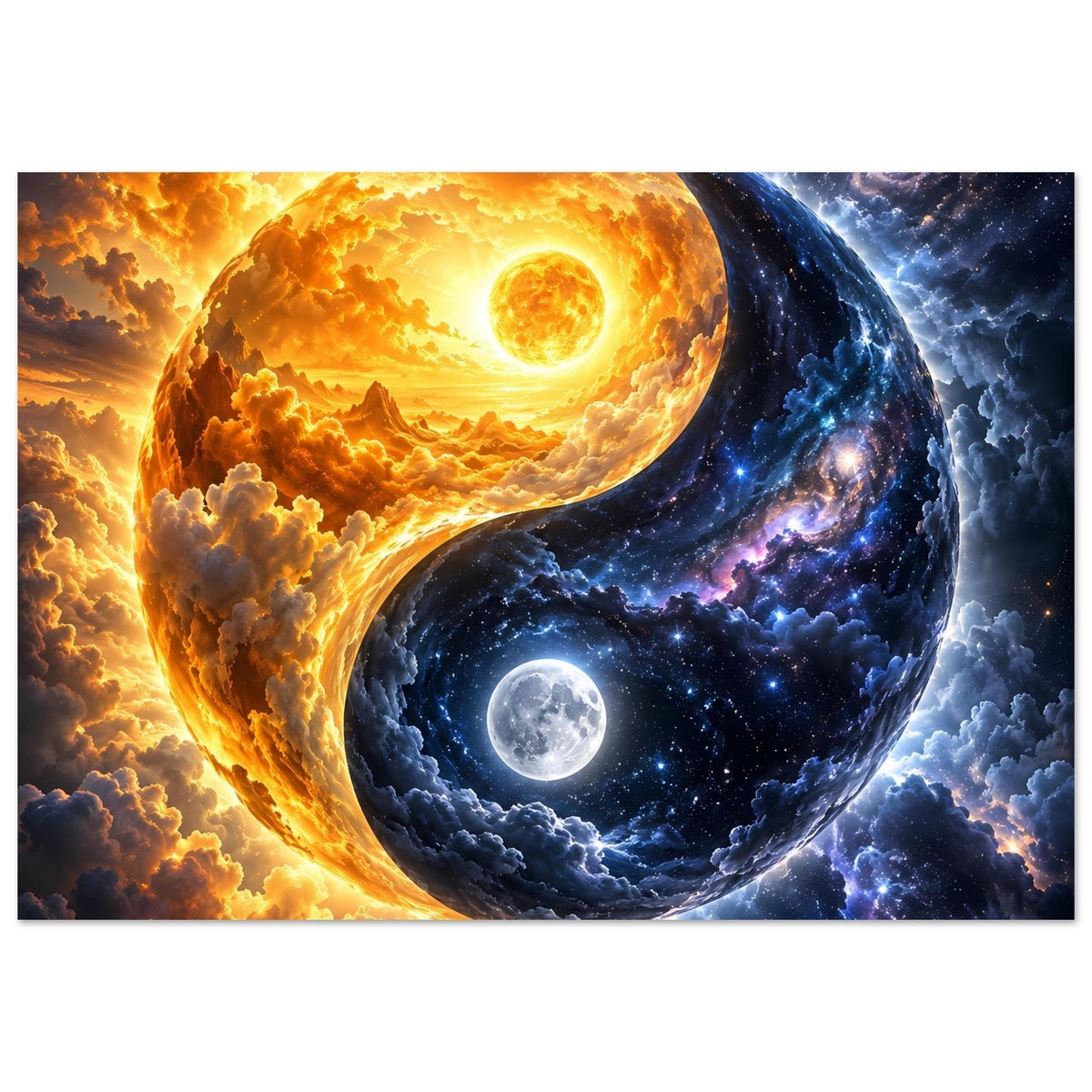 Cosmos-Yin-Yang-Poster mit Yin-und-Yang-Planeten in Gold und Blau, gerahmt
