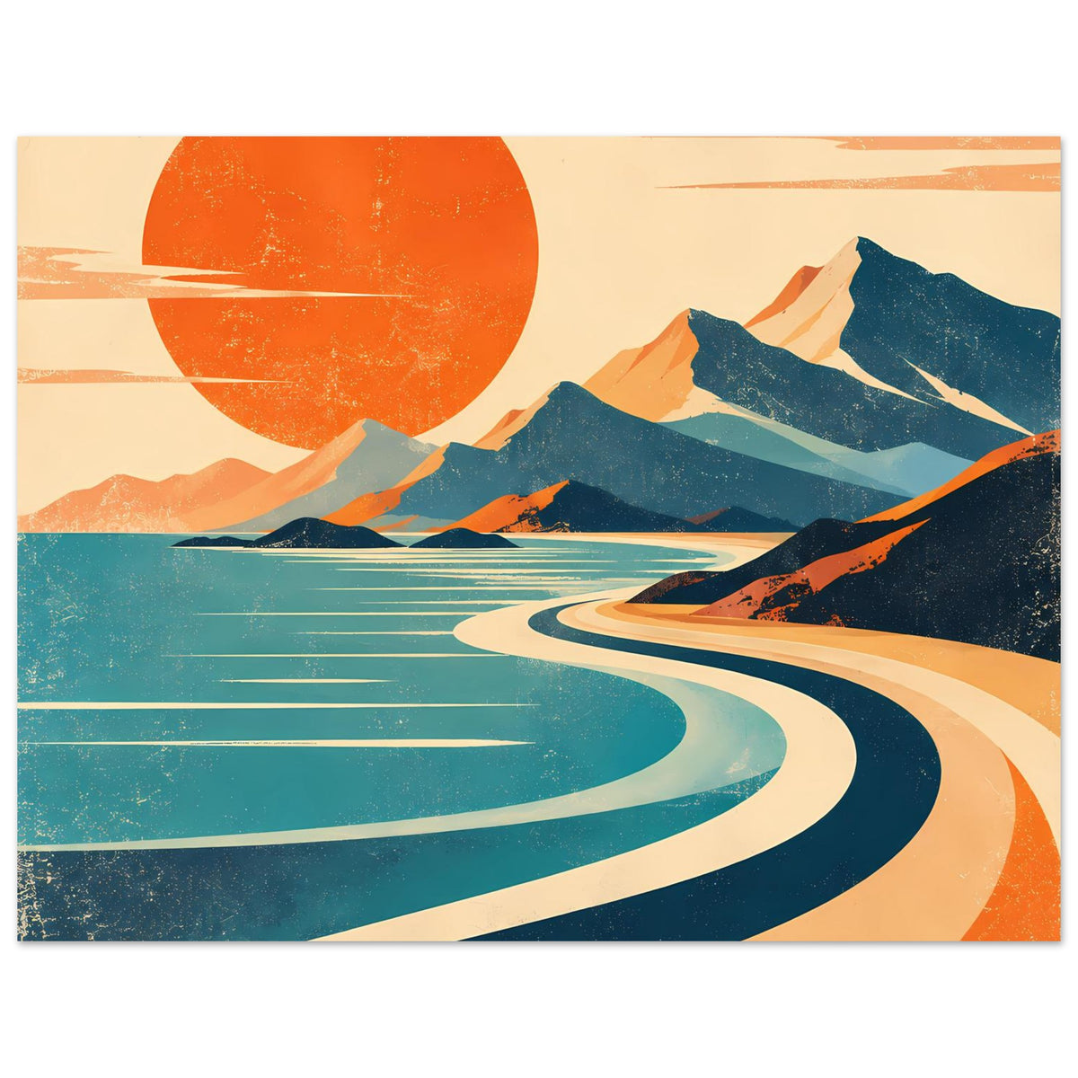Vintage-Poster mit rotem Sonnenkreis, blauen Gebirgszügen und geschwungener Wasserbahn