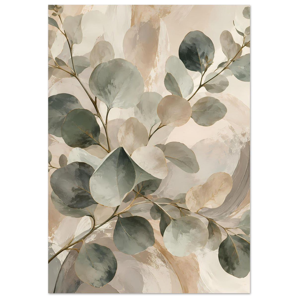 Botanisches Poster mit Zweigen und Aquarellblättern in Salbeigrün/Beige, vertikal