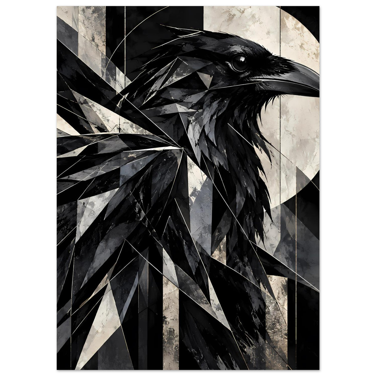 Kunstposter mit Rabe im Halbprofil, kantige schwarz-weiße Federn und geometrische Linien.