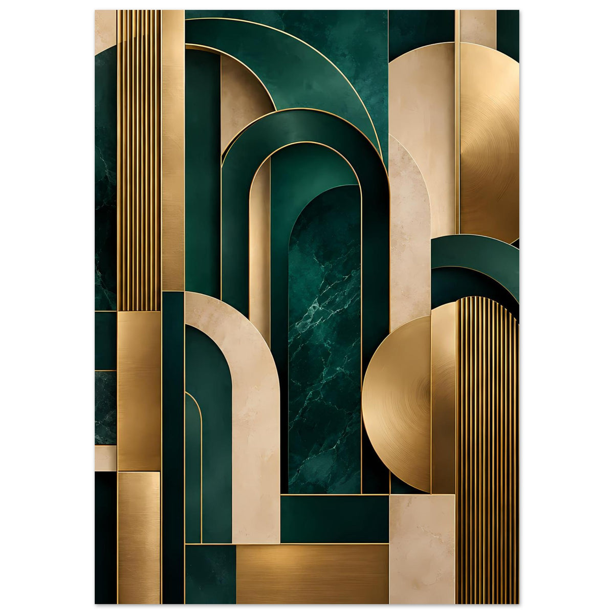 Art-Deco-Poster: abgerundete Arkaden, Golddetails und dunkelgrüne Blockelemente