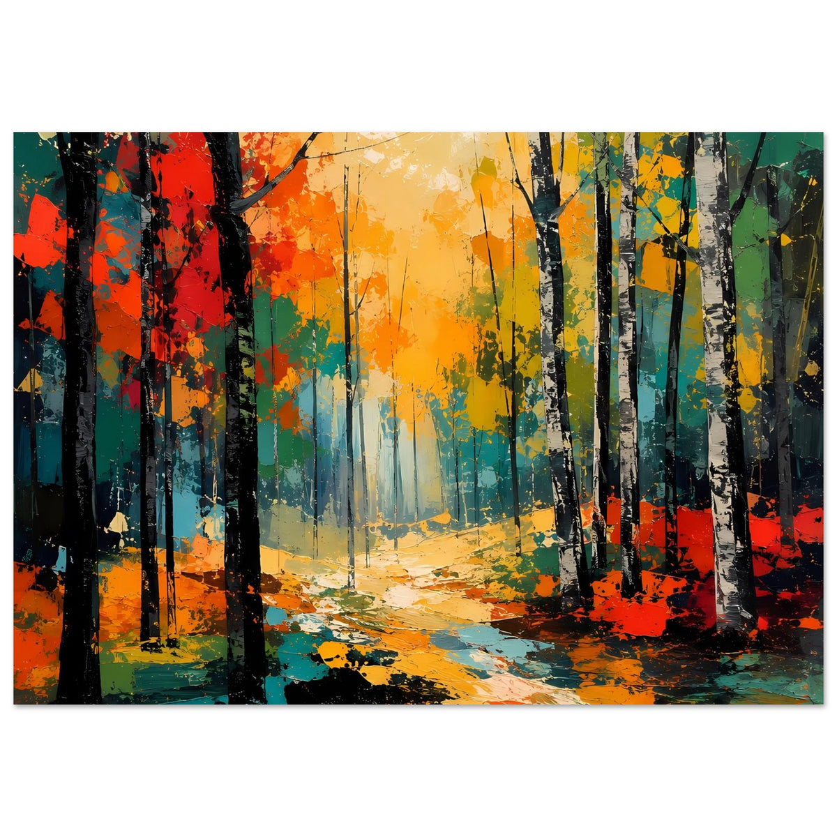 Wandposter im Querformat: abstrakter Herbstwald mit bunten Farben, Baumstämmen und Lichtschein