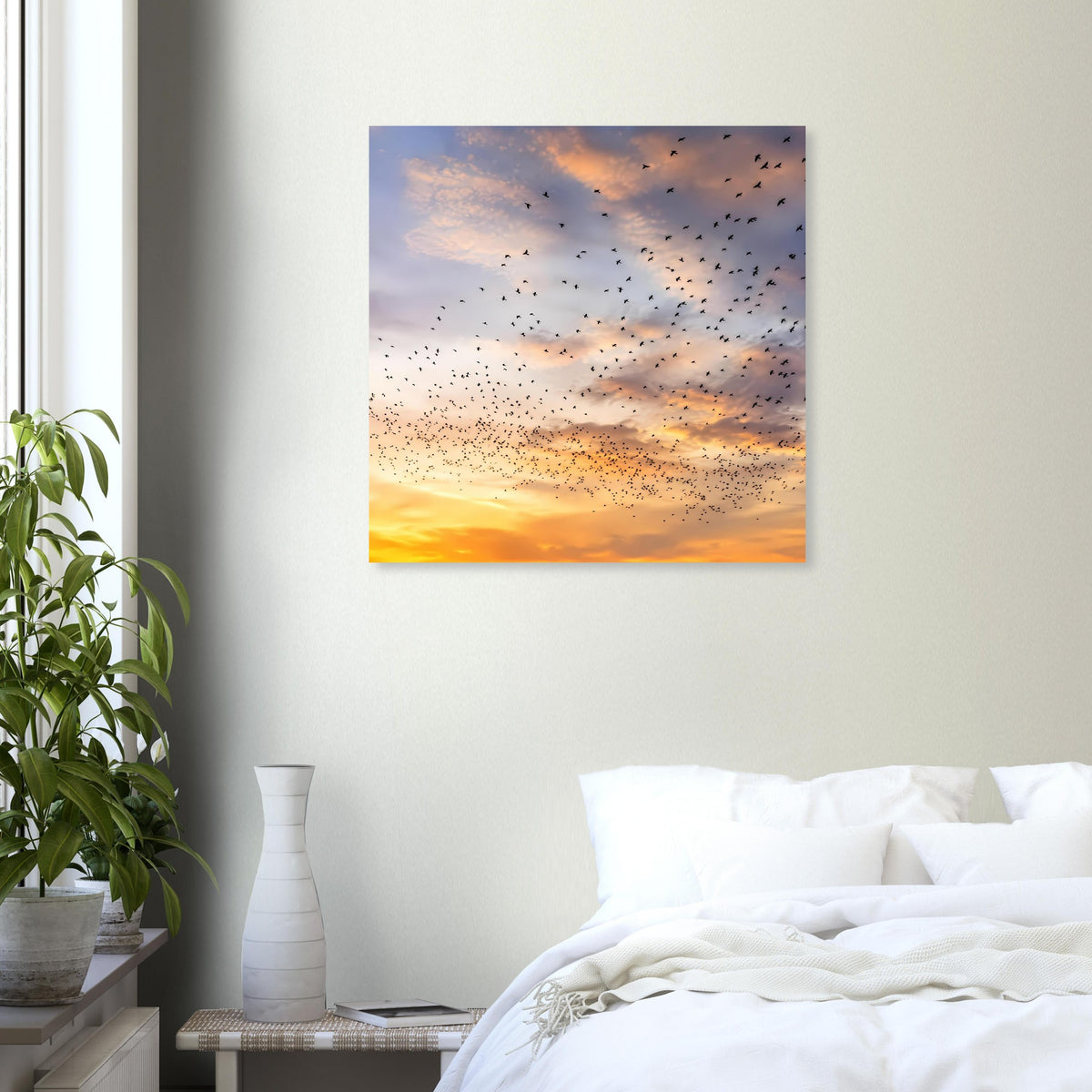 Quadratisches Wandposter mit Abendhimmel und Sonnenuntergangsfarben, Vogelschwärme