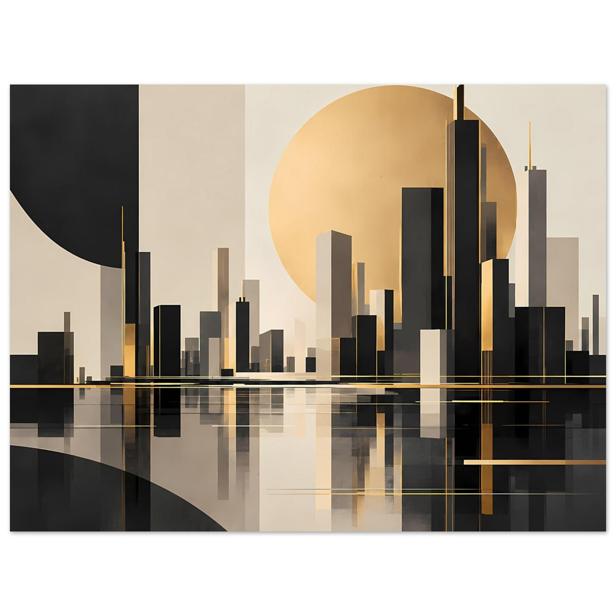 Art-Deco-Poster: goldene Linien auf schwarzen Türmen, beiger Hintergrund, Mondkreis mit Reflexion.