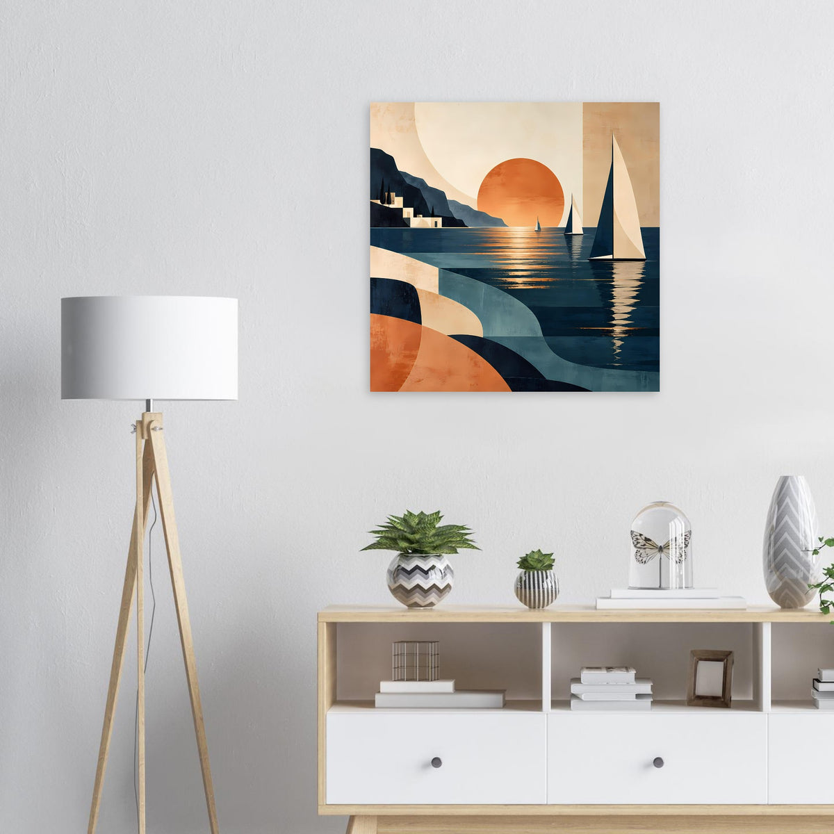 Poster mit Sonnenuntergang am Meer, Segelbooten und Spiegelung im Wasser