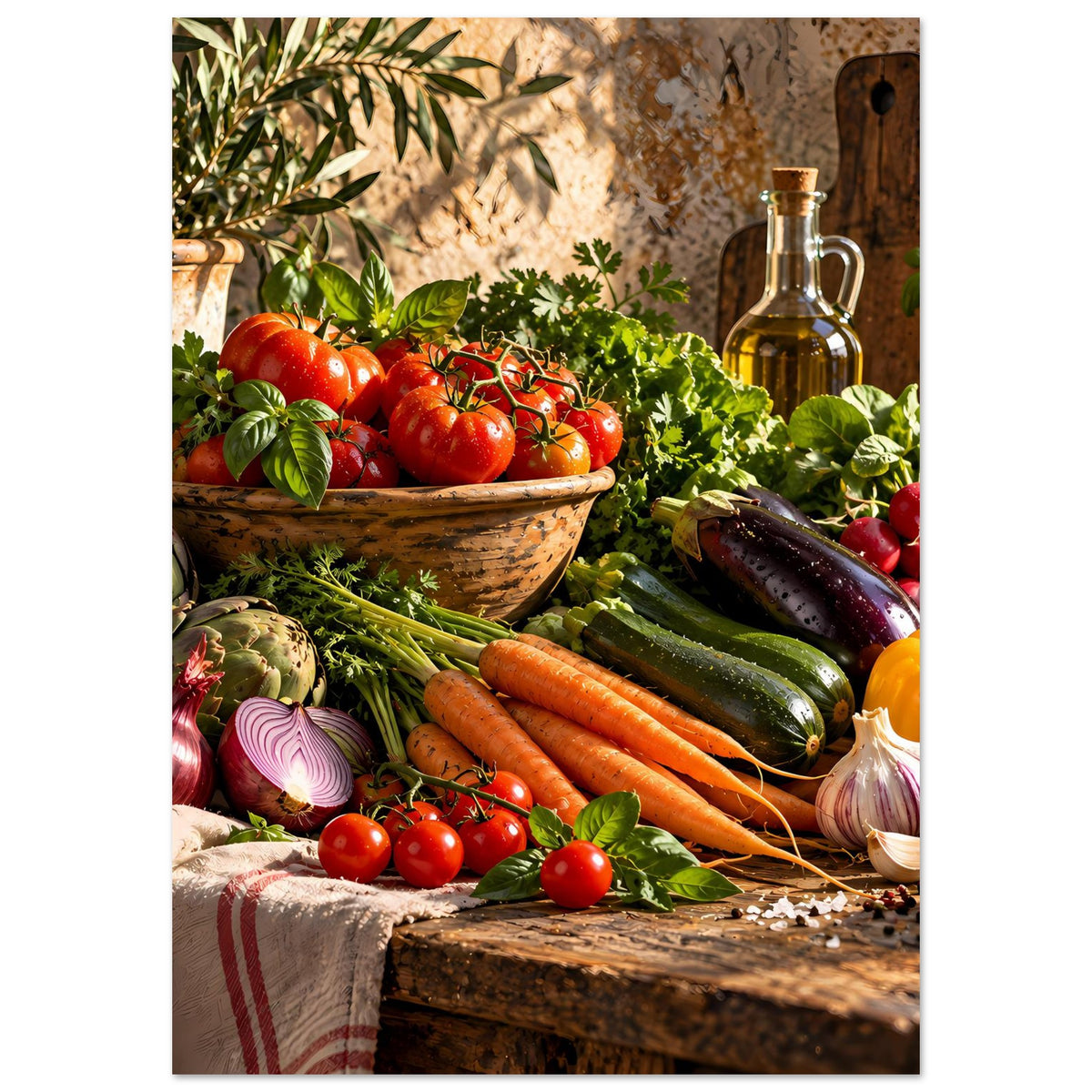 Küchenposter, vertikaler Zuschnitt: Tomaten, Karotten, Zucchini, Radieschen, Zwiebeln.
