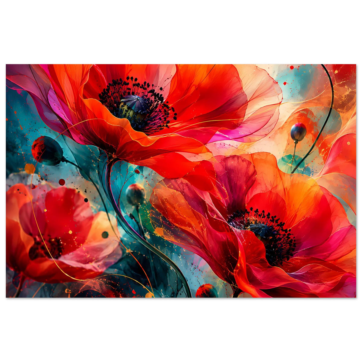 Blumen-Poster im Querformat mit roten Blütenblättern, orangefarbenen Nuancen und farbigen Sprenkeln