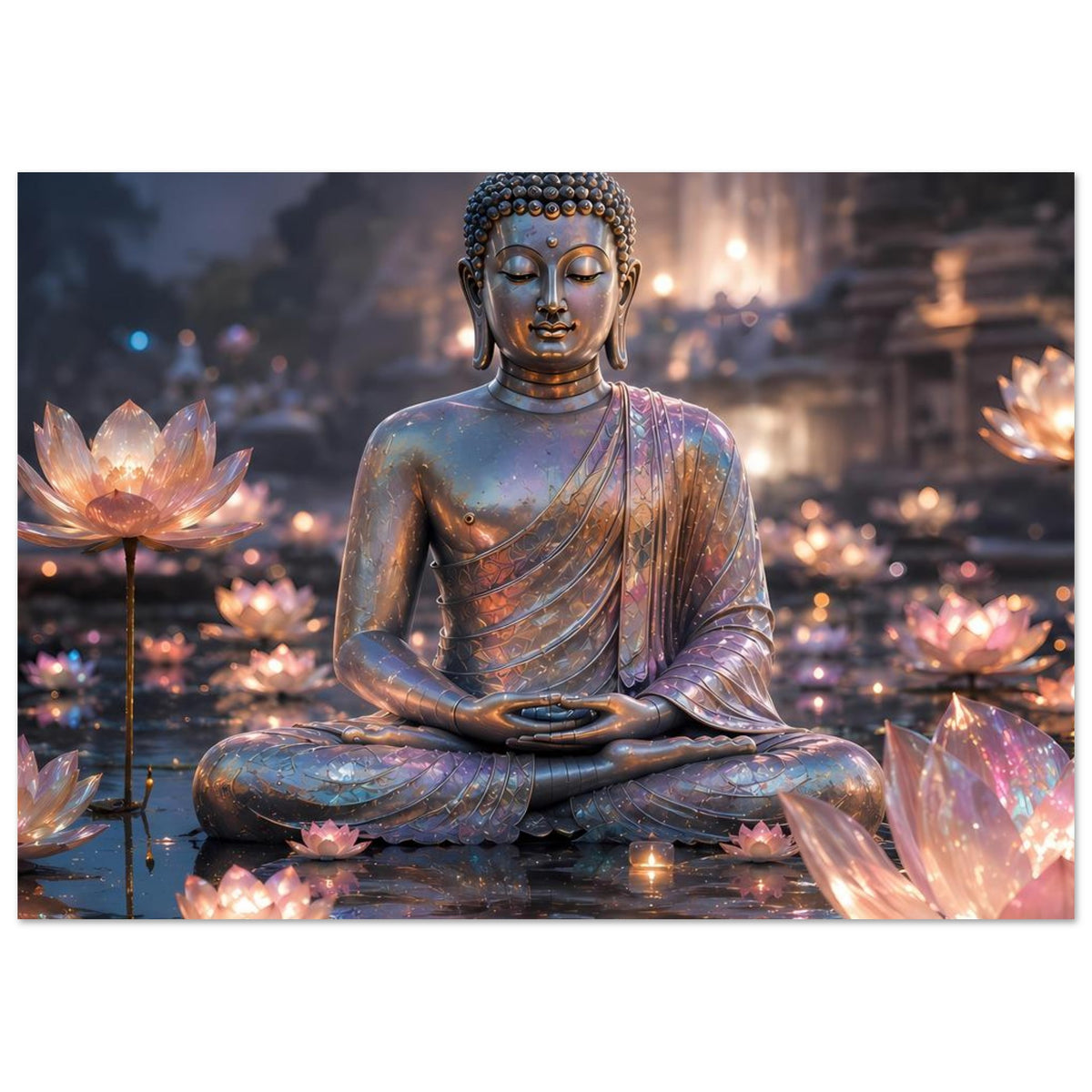 Wandposter im Querformat: sitzender Buddha in Meditation, Lotusblüten und Lichtpunkte