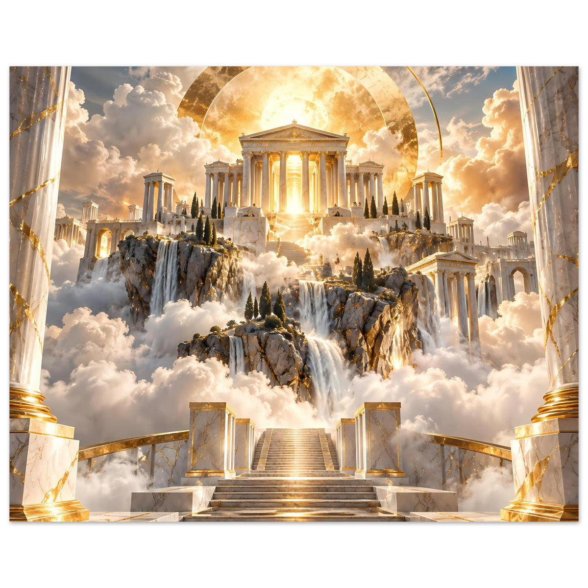 Hochformat-Poster: goldener Tempel, Säulen links und rechts, Treppe im Vordergrund