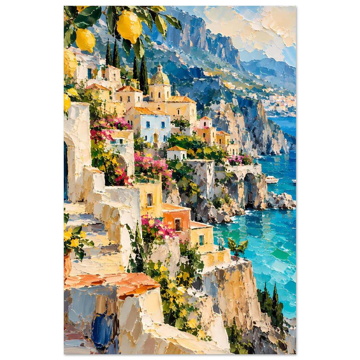Vertikales Poster mit mediterraner Küstenstadt, Meer und Booten entlang der Klippen