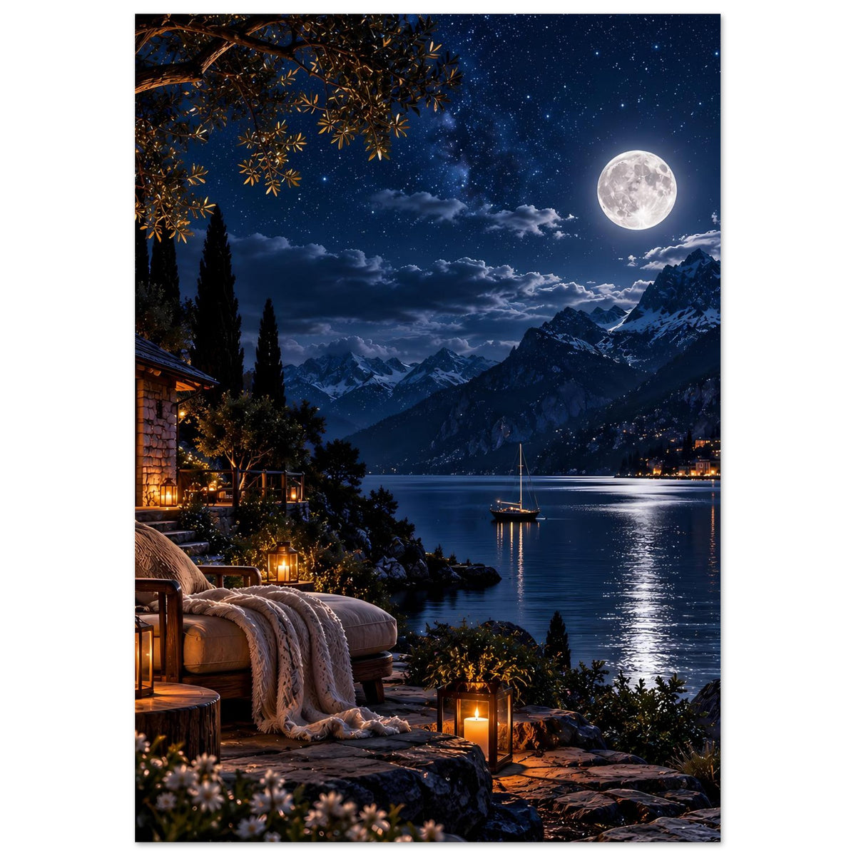 Poster mit Mondnacht am See: Berge, dunkle Tannen, beleuchtetes Hausufer und Boot