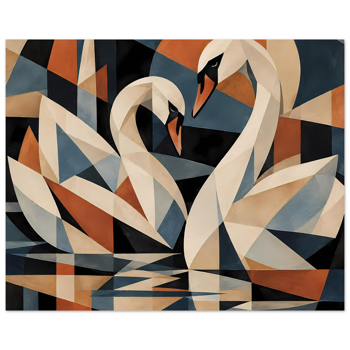 Kubistisches Schwanen-Poster im Querformat, geometrischer Schwan in Blau, Orange und Schwarz