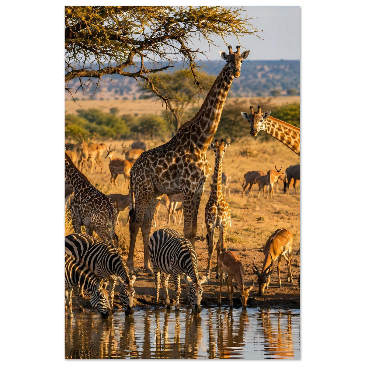 Poster mit Safari-Tiermotiv: Giraffe und Zebra an der Wasserfläche, weitere Tiere in der Savanne