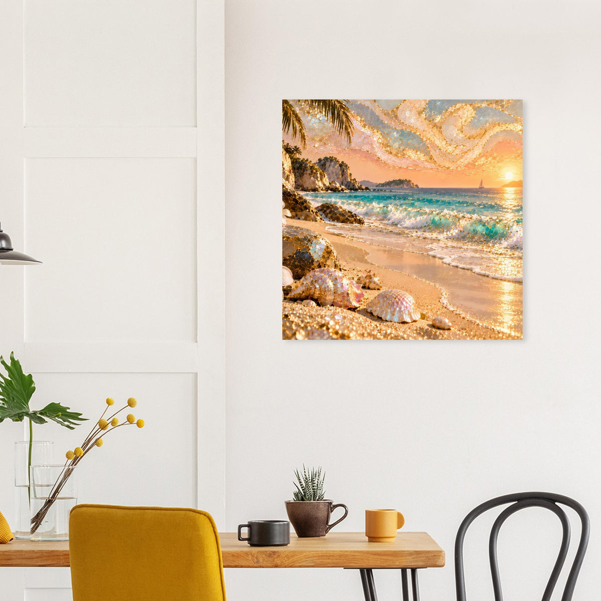 Wandposter mit Strand bei Sonnenuntergang, Meeresschaum und goldenen Mosaikakzenten