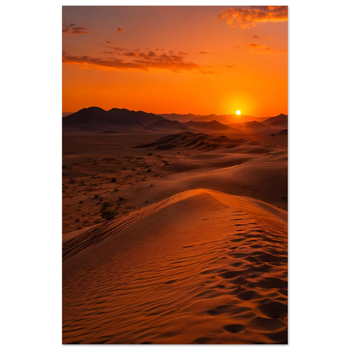 Vertikales Poster mit Dünenlandschaft, goldener Sonne und langem Schatten im Sand