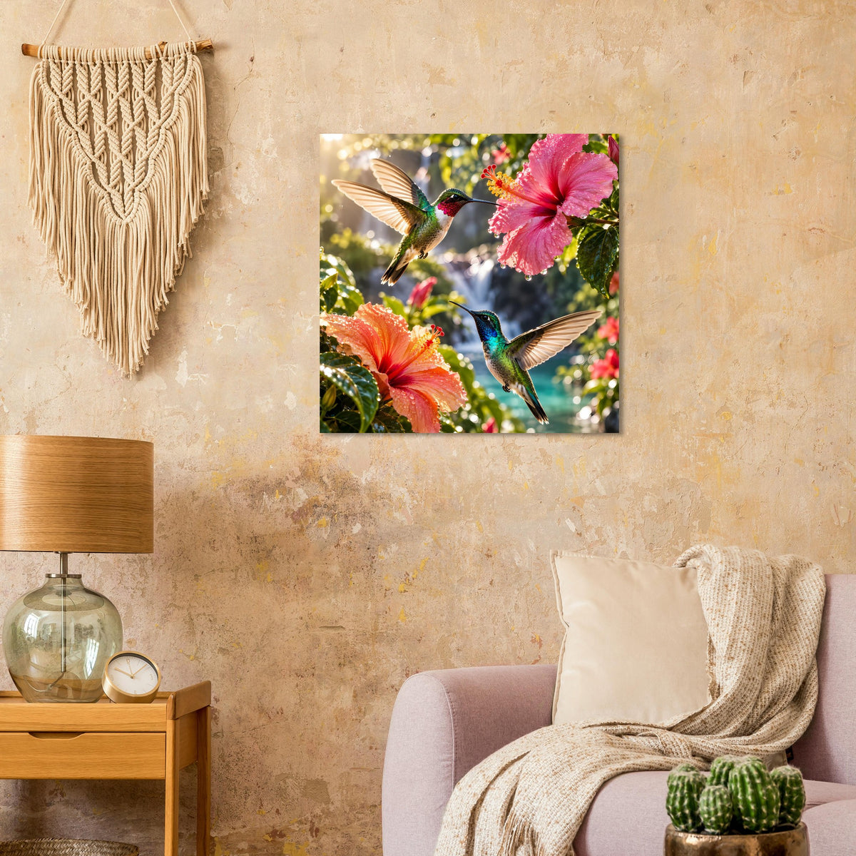 Quadratisches Poster: Kolibris an Hibiskusblüten zwischen Blättern und Blüten