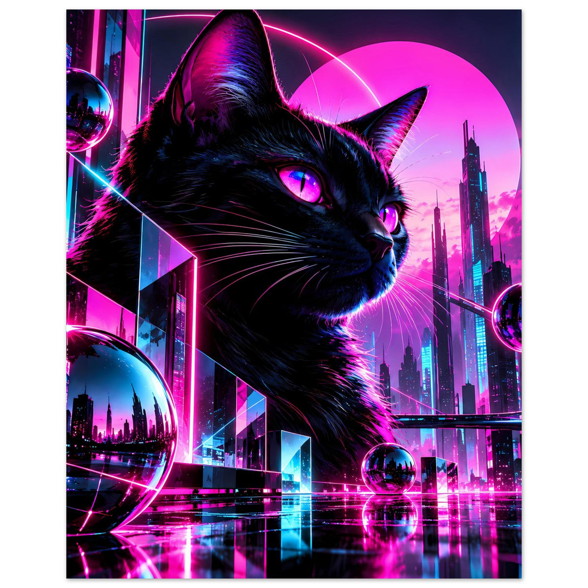 Neonkatzen-Poster mit großer schwarzer Katzenkopf-Illustration und violetter Neonbeleuchtung
