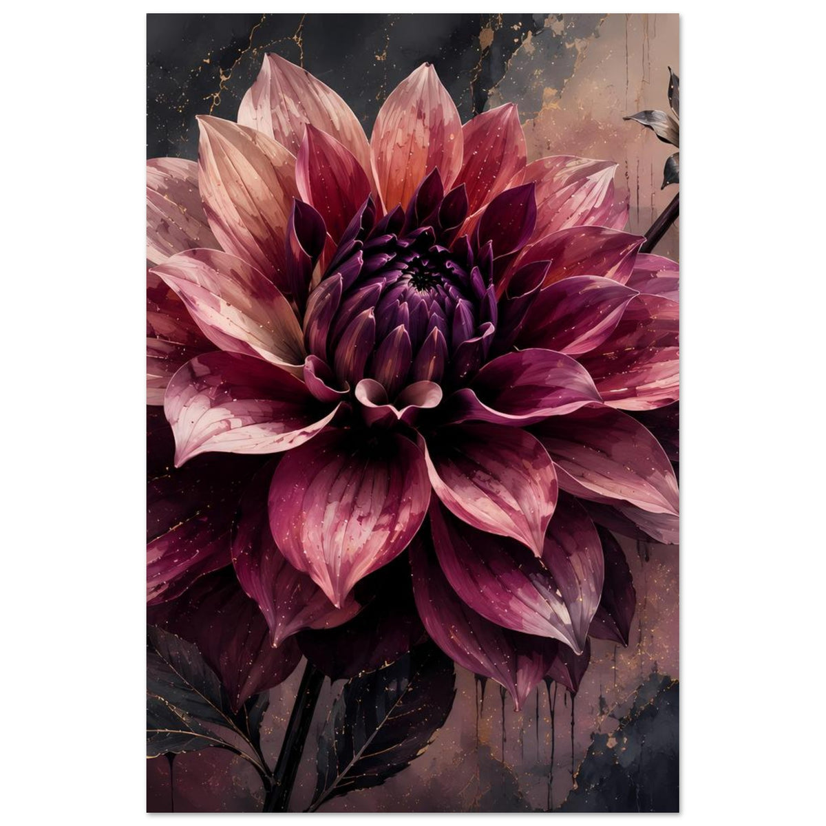 Hochformat-Blumenposter mit dunkelvioletter Dahlie, goldene Akzente an Blüten und Blättern