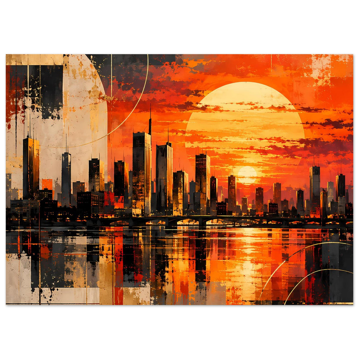 Horizontales Poster mit Skyline, orangefarbenem Sonnenuntergang und kräftigen Reflexen auf Wasser