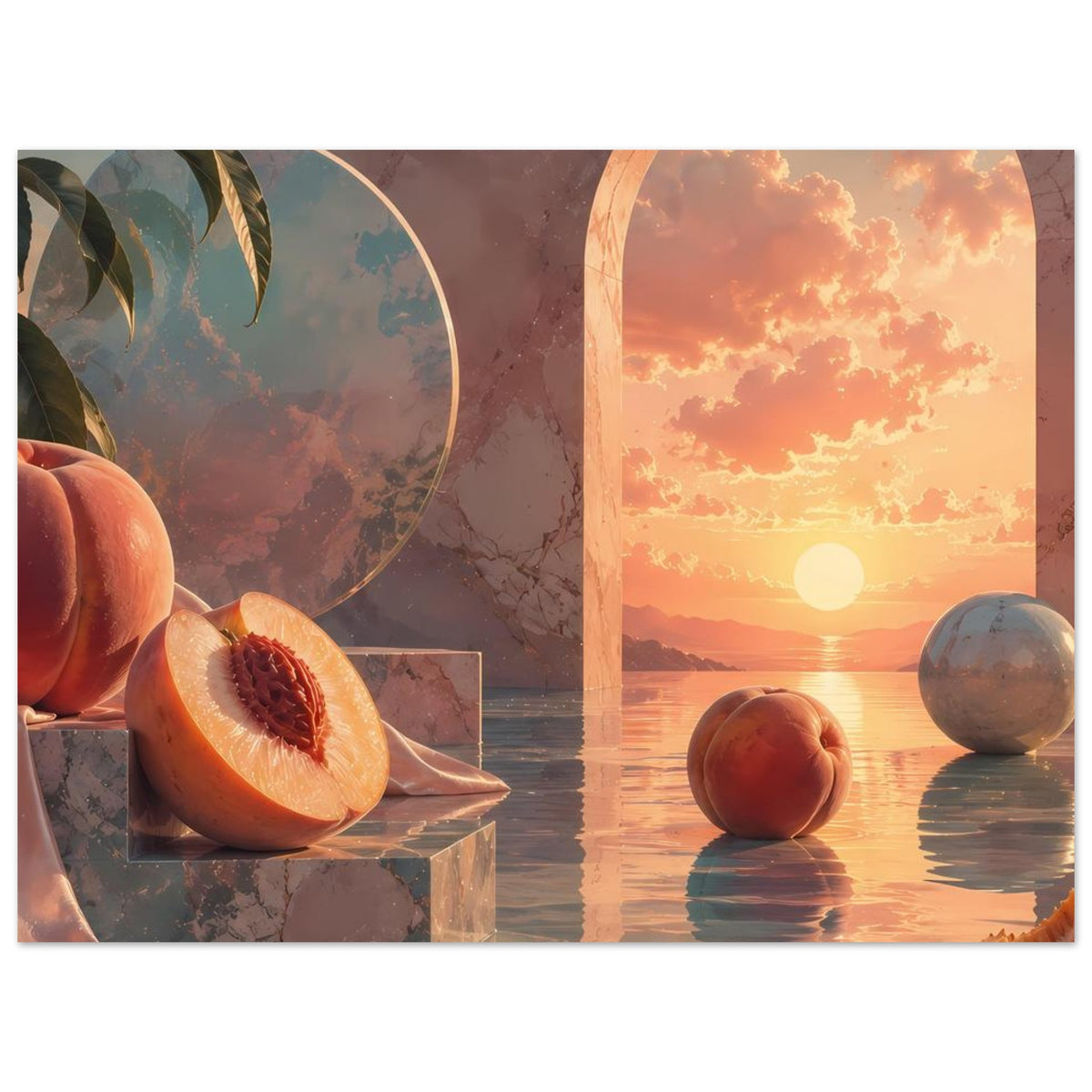 Wandposter: Pfirsichhälften und Kugeln vor Sonnenuntergang zwischen Rundbogenfenstern
